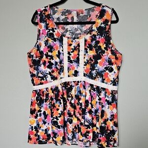 NY Collection Spring Floral 1X Watercolor Lace Trim Sleeveless Blouse
